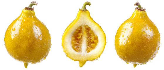 Three Citron Fruits Displayed One Whole and One Sliced Open on Transparent Background Showing Juicy Interior Detail