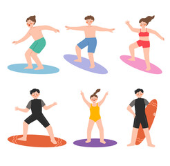 서핑하는 남녀 아이들 여름 일러스트