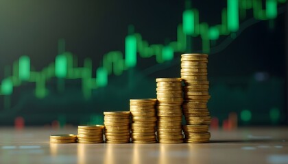 Stacked gold coins depict financial growth and investment returns, suggesting wealth accumulation in a visual display.