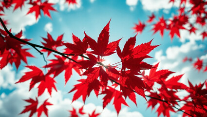 Vibrant Red Maple Leaves Against a Sunny Blue Sky Autumn Nature Photography