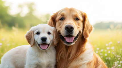 Happy Golden Retriever with Adorable Puppy Enjoying a Sunny Day in Nature