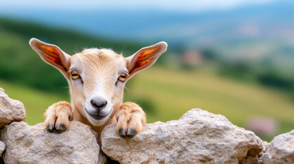 Playful Goat Peeking Over Stone Wall in a Serene Natural Landscape During Sunny Day