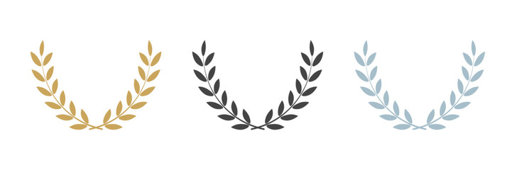 Laurel wreath set. Golden, silver and black frame border with leafes. Prize for win. Vector illustration