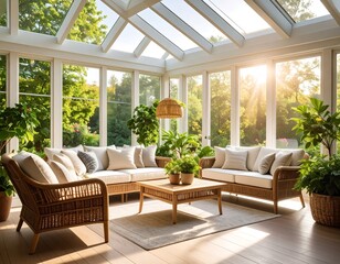 Sunlit conservatory with wicker furniture