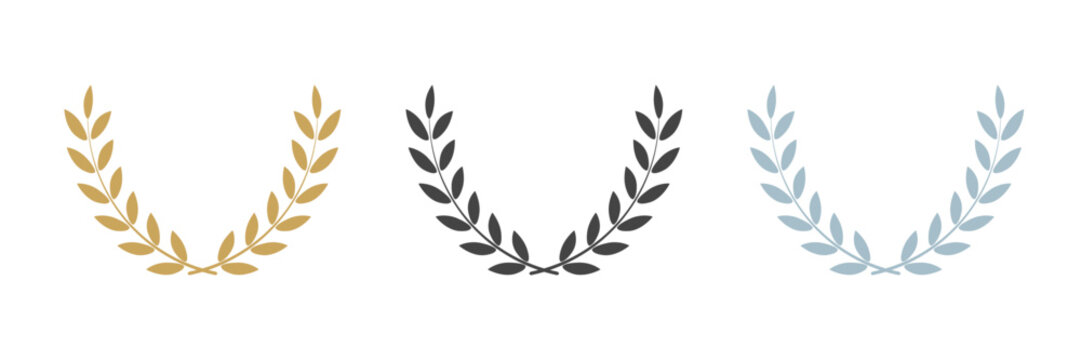 Laurel wreath set. Golden, silver and black frame border with leafes. Prize for win. Vector illustration