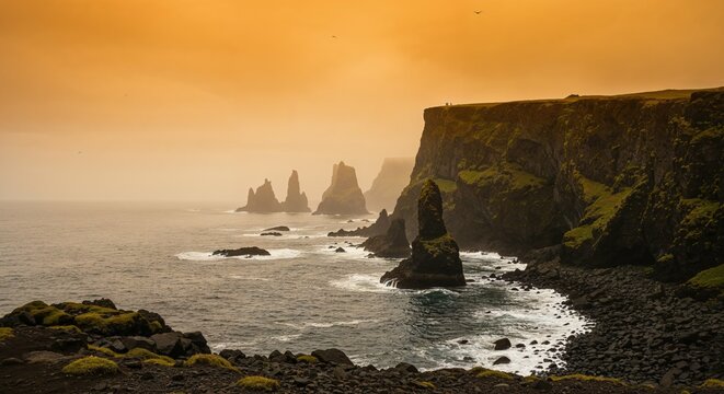 Iceland landscape reynisfjara black sand beach basalt columns ocean cliffs view