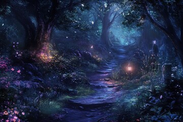Fototapeta premium Enchanting path through a dark fantasy woodland with glowing lights and atmosphere, Path In Dark Fantasy Woodland