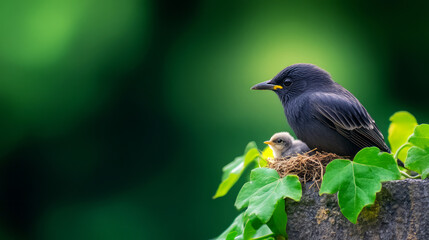 Black Bird and Chicks Nesting Among Green Leaves in a Lush Natural Environment