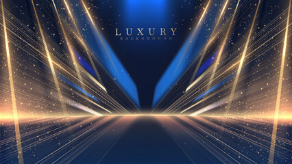 Empty blue stage scene with golden neon light lines. Luxury background design concept. Perfect for awards ceremony, celebrations and grand openings. Vector illustration.