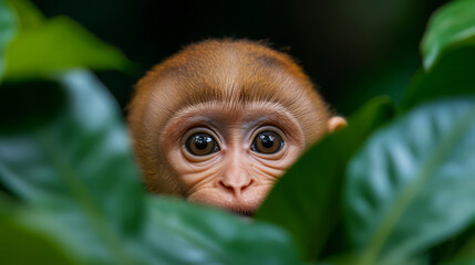Fototapeta premium Curious Baby Monkey Peeking Through Green Leaves in a Lush Tropical Forest Environment