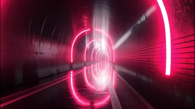 Vividly-illuminated futuristic tunnel with glowing pink neon lights and symmetrical structure

