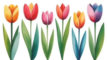 Vibrant watercolor illustration of a row of colorful tulip flowers in full bloom against a white background