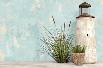 Coastal scene featuring a miniature lighthouse, potted plants, and reeds against a light blue textured wall. The overall mood is serene and peaceful