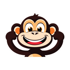 Obraz premium a monkey's face with a wide, open-mouthed smile, showing white teeth and a red tongue. The monkey has dark brown fur, light brown around its muzzle and ears, and large, bright eyes.