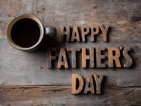 “Happy Father's Day” message made with wooden letters, accompanied by a cup of coffee.