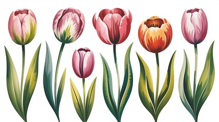 Fototapeta premium Watercolor illustration of a beautiful collection of various vibrant tulips in full bloom and green foliage