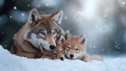 Obraz premium Mother wolf with pups resting together in a snowy landscape during winter snowfall