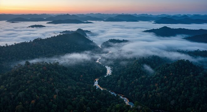 Aerial view of mountain landscape with river fog sunrise scenic nature travel - Powered by Adobe