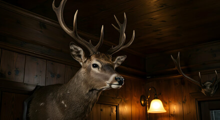 Taxidermied deer head in rustic interior