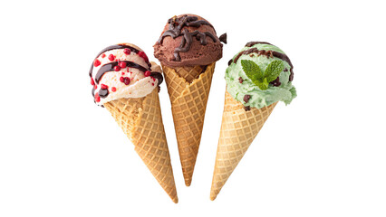 Naklejka na ściany i meble Three different ice creams covered with chocolate top view isolated on transparent background