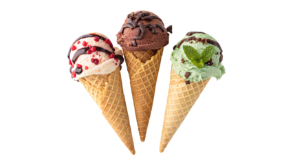 Three different ice creams covered with chocolate top view isolated on transparent background