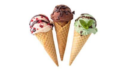 Fototapete Three different ice creams covered with chocolate top view isolated on transparent background © Hanna