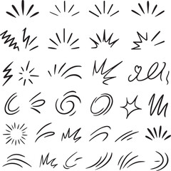Comic line sparkle and movement elements set. black ink motion accents, burst effects, and dynamic hand drawn stroke symbols perfect for manga, cartoon, or pop art vector illustration projects
