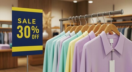sale discount offer sign in clothing store, shirts, retail display, shopping mall, 