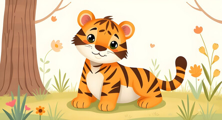 Tiger cartoon for kids, Cute tiger illustration, Baby tiger cartoon, Funny tiger drawing, Happy tiger character, Jungle tiger cartoon, Playful tiger vector, Smiling tiger animation, Tiger cub cartoon,