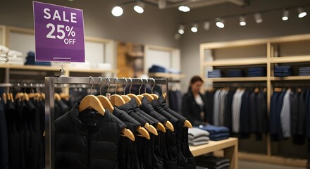 Men’s Clothing Section with Large Red Sale Sign and Stylish Shirt Rack
