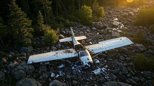 Aerial view of small plane wreckage in a rocky forest creek bed at sunset. Airplane crash site in the wild, showing destruction and aftermath of a flight accident footage.