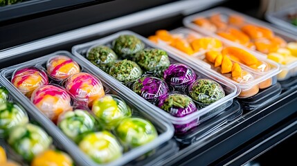 Colorful pre-packaged food items in clear plastic containers, neatly arranged in a refrigerated display case