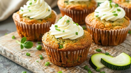 Close up of zucchini muffins with white frosting and chives on a wooden board for a tasty treat