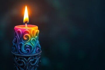 A single candle with a rainbow-colored, swirling design, lit with a flame, against a dark background, creating a vibrant, minimalistic aesthetic
