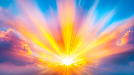 Obraz premium Vibrant sunset with radiant, multicolored rays bursting from a bright sun, surrounded by colorful clouds