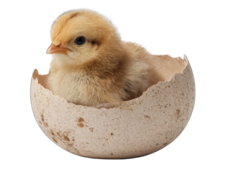 Tiny chick nestled in a cracked eggshell