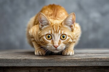 Orange tabby cat with wide eyes crouches on wooden surface in a curious and attentive pose, Orange tabby cat with wide eyes crouching on wooden surface against grey background