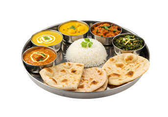 Indian Thali Delicious Vegetarian Platter with Rice Naan and Curries isolated on transparent background