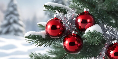 Close-Up of Snow-Dusted Christmas Tree Branch with Red Ornaments


