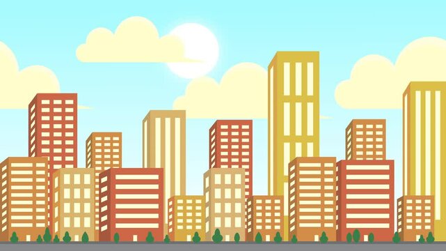Parallax animation Landscape view City buildings, moving animation of city with skyscrapers on a sunny day