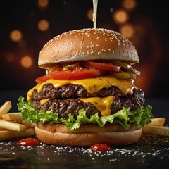 "A close-up of a gourmet burger with a sesame seed bun, juicy beef patty, melted cheese, lettuce, tomato, and sauce dripping down, with fries and ketchup in the background."