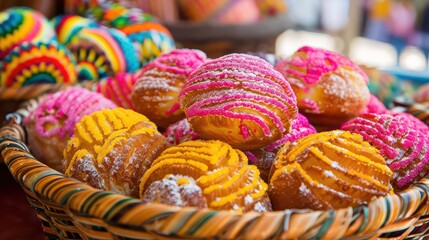 A close up of a basket filled with colorful conchas, a traditional mexican sweet bread roll treat