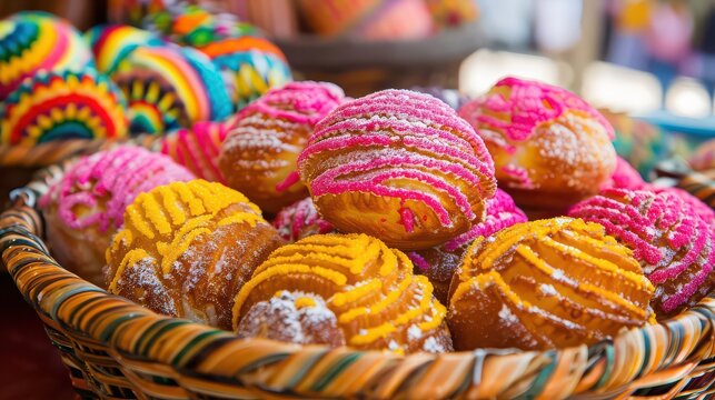 A close up of a basket filled with colorful conchas, a traditional mexican sweet bread roll treat