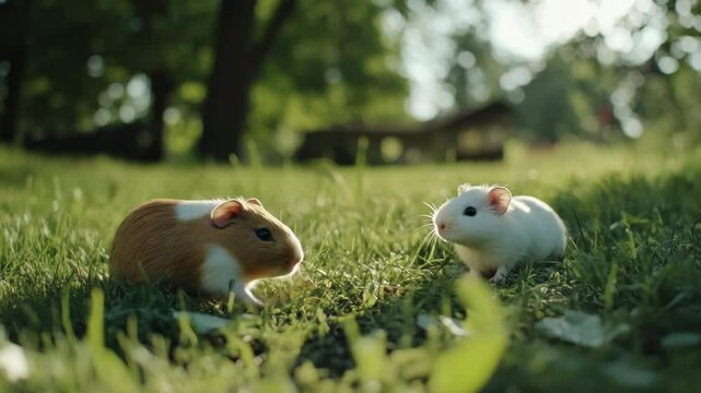 Two gerbils on grass, looking at each other. Sunlight shines on their fur.