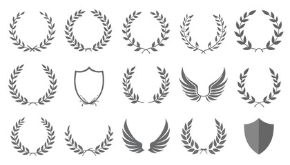 Elegant Vector Collection of Laurel Wreaths, Wings, and Shields for Design Elements.