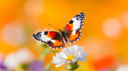 Fototapeta premium A vibrant orange-and-white butterfly hovers above a delicate white flower against a blurred, warm-toned background