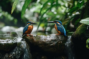 Fototapeta premium Close up of blue eared kingfisher perched near a waterfall in a lush green environment, Close Up Of Blue eared Kingfisher Birds In The Forest