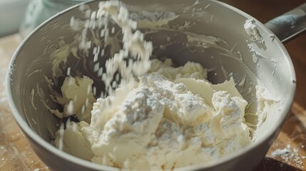 Mixing ingredients in a bowl with flour falling into the mixture for a baking recipe preparation