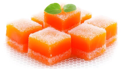 Eight vibrant orange, sugar-coated jellies arranged pyramidally, garnished with mint, on a white background