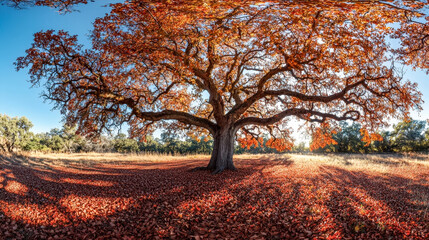 Fototapeta premium Majestic tree in autumn landscape with fallen leaves and vibrant orange foliage